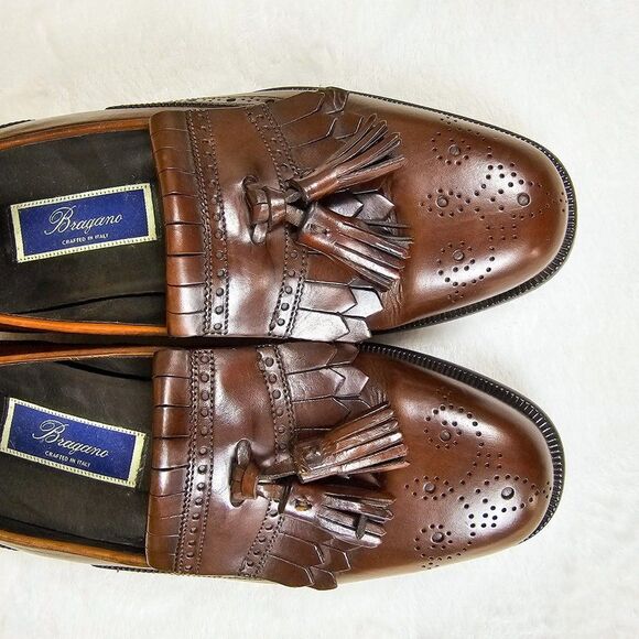 Bragano Tassel Loafers Brown Leather Italy Shoes Dressy Men's Wedding Size 8 - Picture 6 of 10